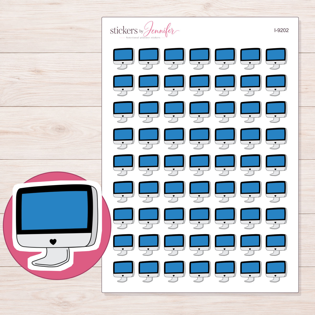 Blue Doodle Desktop Computer Planner Stickers | I-9202 — 5 × 7 inch sheet and enlarged sticker detail