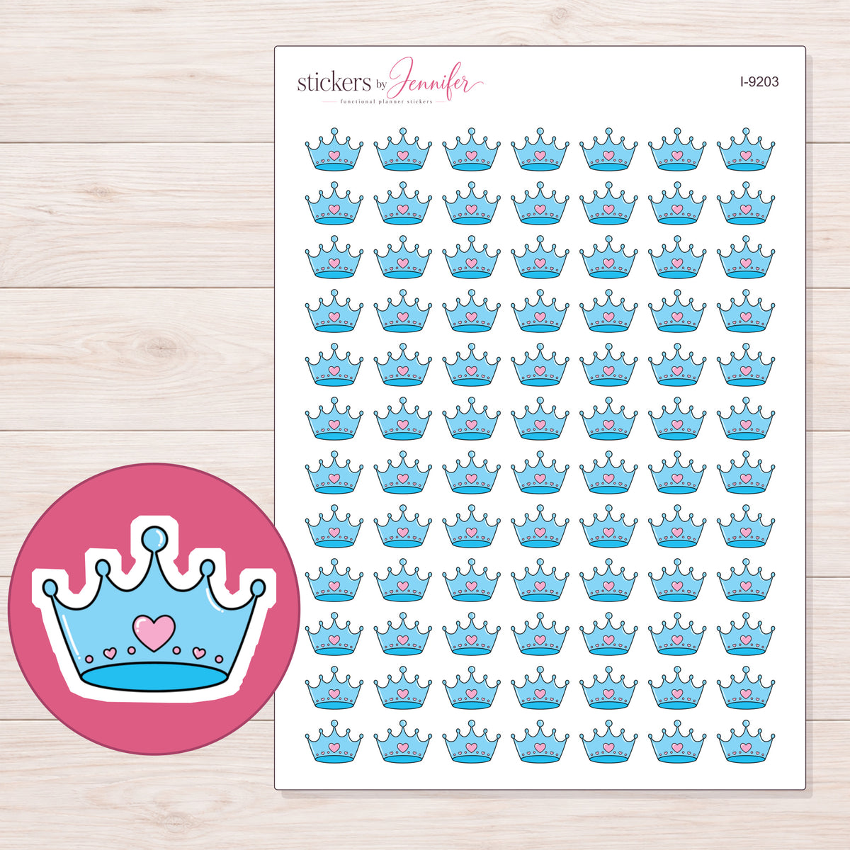 Blue Heart Crown Planner Stickers | I-9203 — 5 × 7 inch sheet and enlarged sticker detail