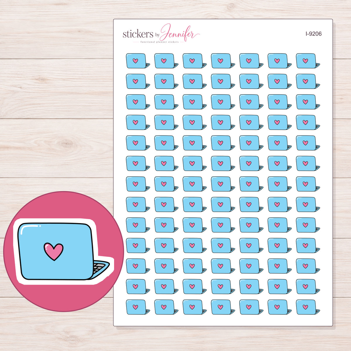 Blue Doodle Heart Laptop Planner Stickers | I-9206 — 5 × 7 inch sheet and enlarged sticker detail