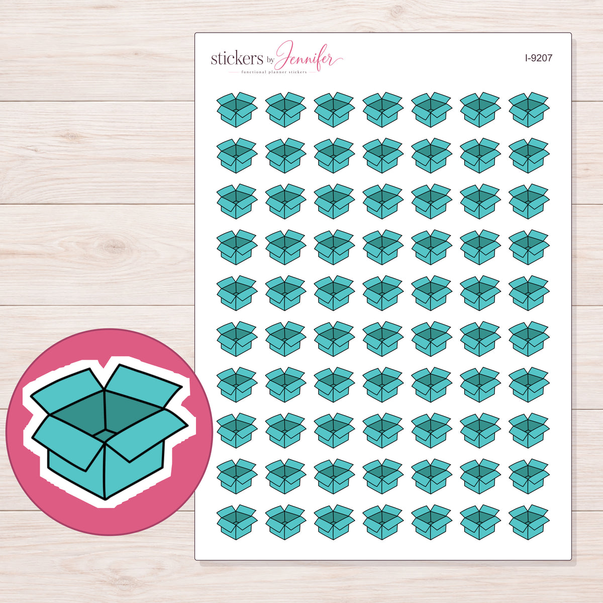 Teal Open Shipping Box Planner Stickers | I-9207 — 5 × 7 inch sheet and enlarged sticker detail