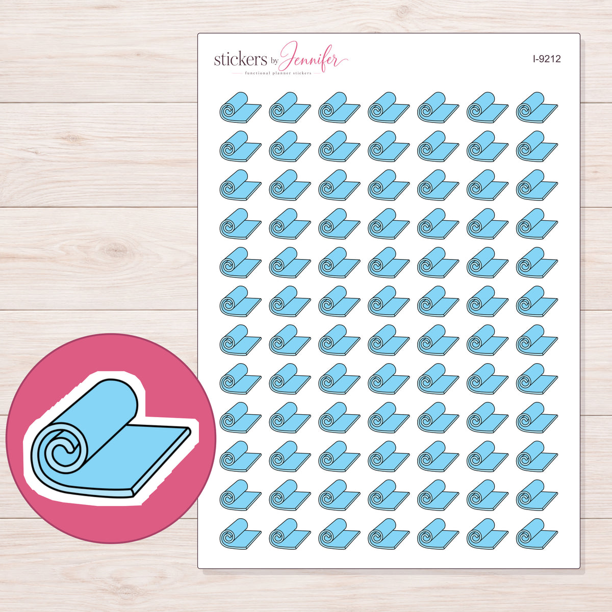 Blue Rolled Yoga Mat Planner Stickers | I-9212 — 5 × 7 inch sheet and enlarged sticker detail
