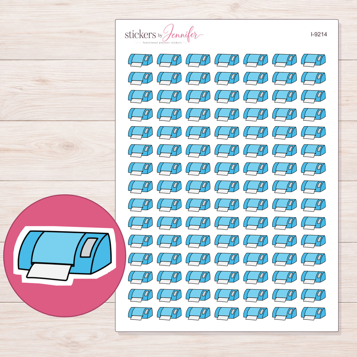 Blue Craft Cutting Machine Planner Stickers | I-9214 — 5 × 7 inch sheet and enlarged sticker detail