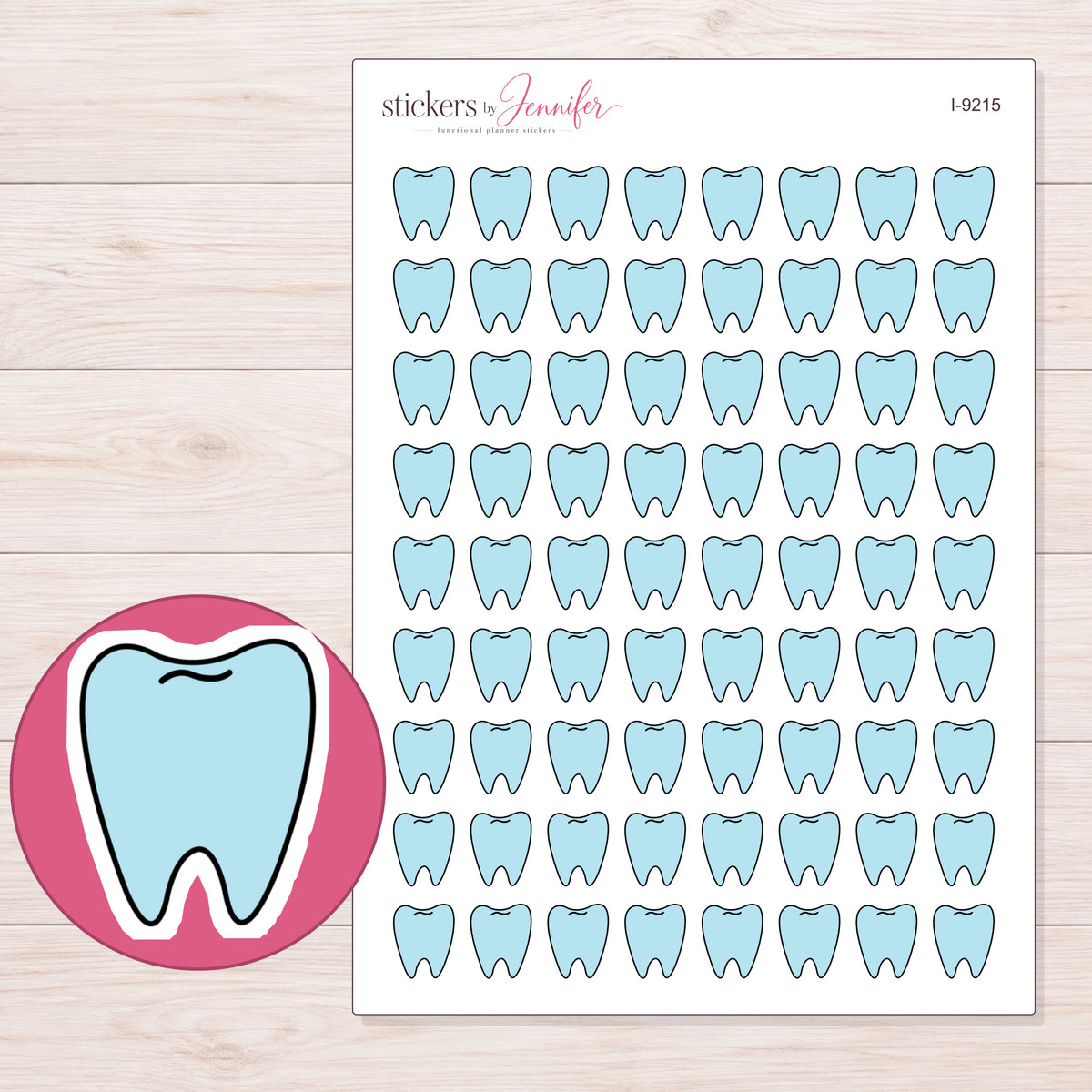 Pale Blue Tooth Planner Stickers | I-9215 — 5 × 7 inch sheet and enlarged sticker detail