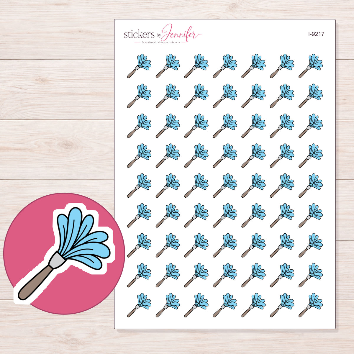Blue Feather Duster Planner Stickers | I-9217 — 5 × 7 inch sheet and enlarged sticker detail