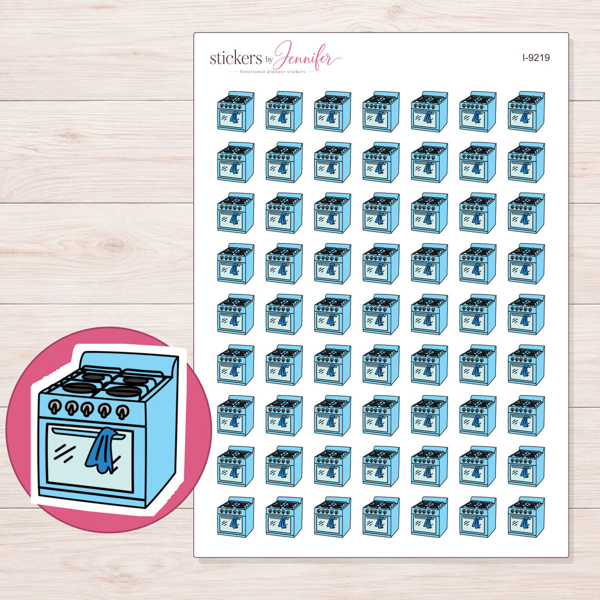Blue Kitchen Stove Planner Stickers | I-9219 — 5 × 7 inch sheet and enlarged sticker detail