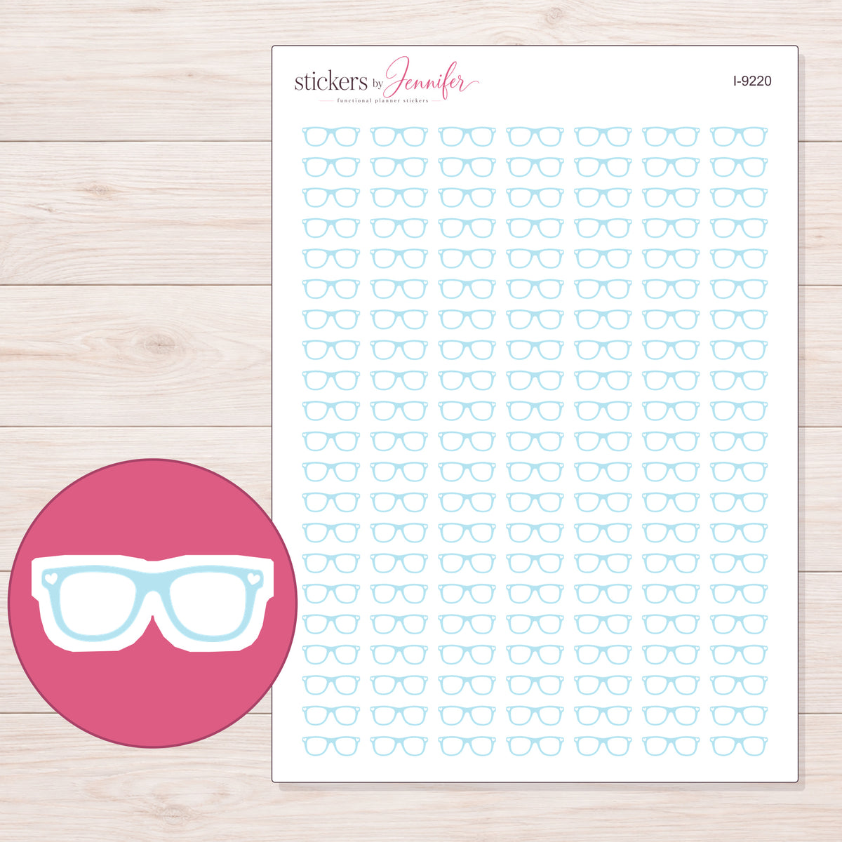 Pale Blue Eyeglasses Planner Stickers | I-9220 — 5 × 7 inch sheet and enlarged sticker detail