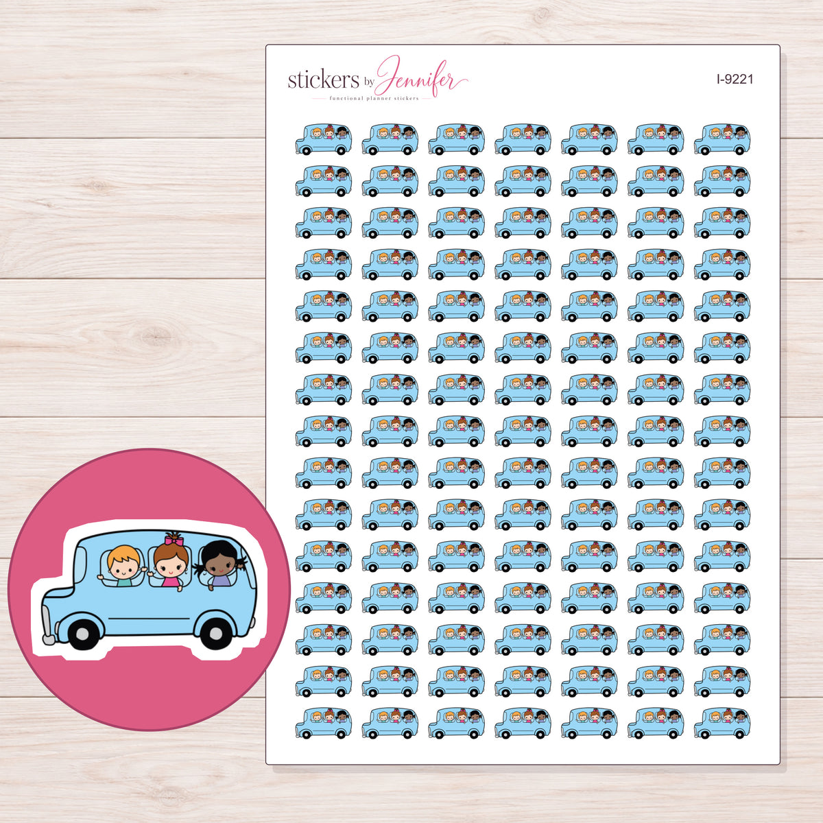 Blue School Trip Bus Planner Stickers | I-9221 — 5 × 7 inch sheet and enlarged sticker detail