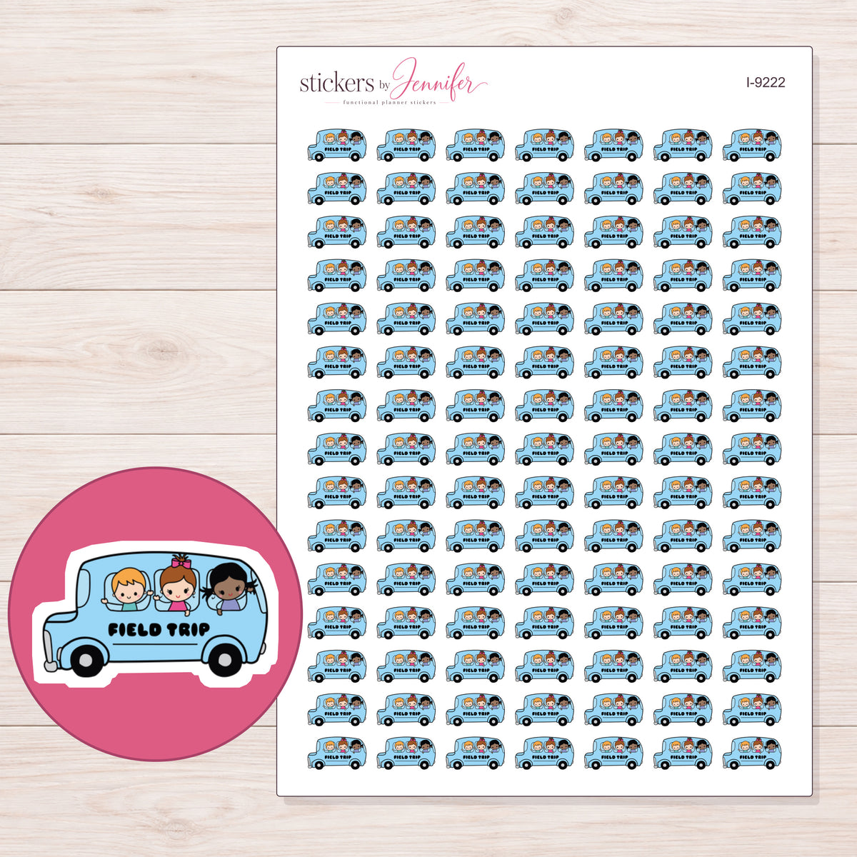 Blue Field Trip Lettered Bus Planner Stickers | I-9222 — 5 × 7 inch sheet and enlarged sticker detail