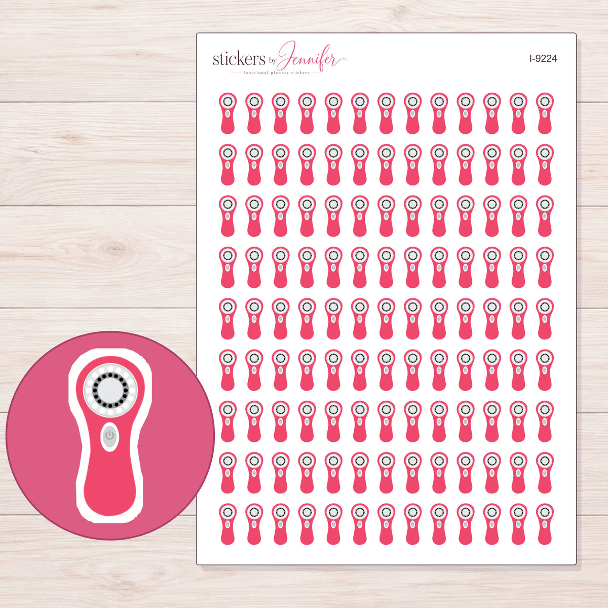 Bright Pink Facial Cleansing Brush Planner Stickers | I-9224 — 5 × 7 inch sheet and enlarged sticker detail
