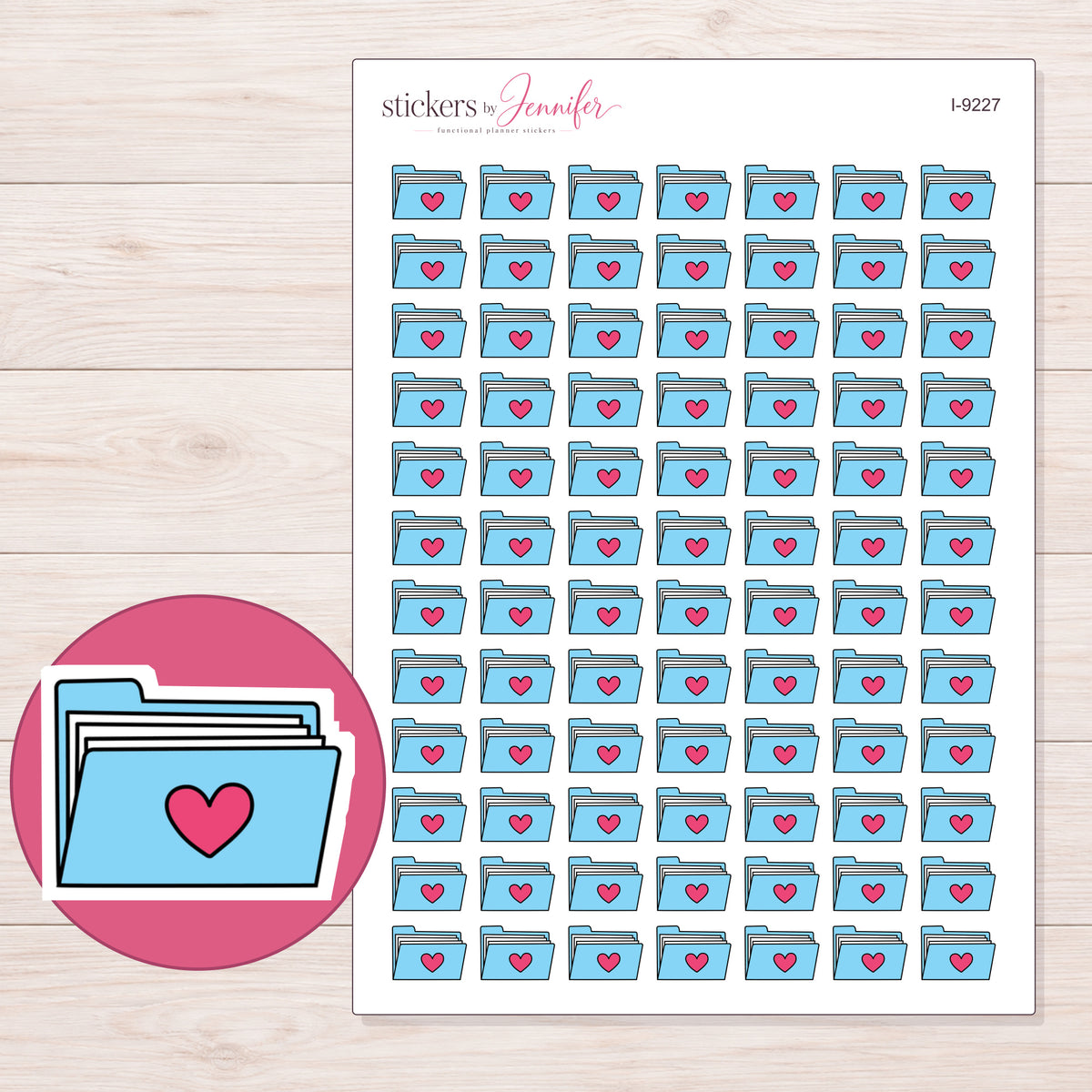 Blue Heart File Folder Planner Stickers | I-9227 — 5 × 7 inch sheet and enlarged sticker detail
