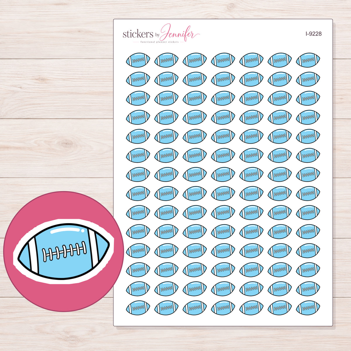 Blue Football Planner Stickers | I-9228 — 5 × 7 inch sheet and enlarged sticker detail