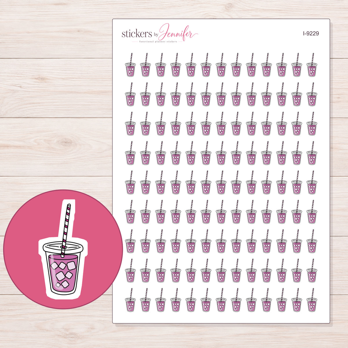 Purple Iced Tea Cup Planner Stickers | I-9229 — 5 × 7 inch sheet and enlarged sticker detail
