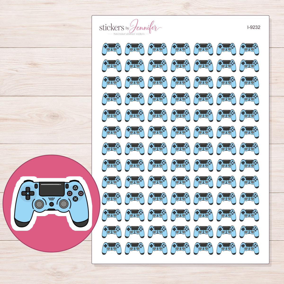 Blue Game Controller Planner Stickers | I-9232 — 5 × 7 inch sheet and enlarged sticker detail