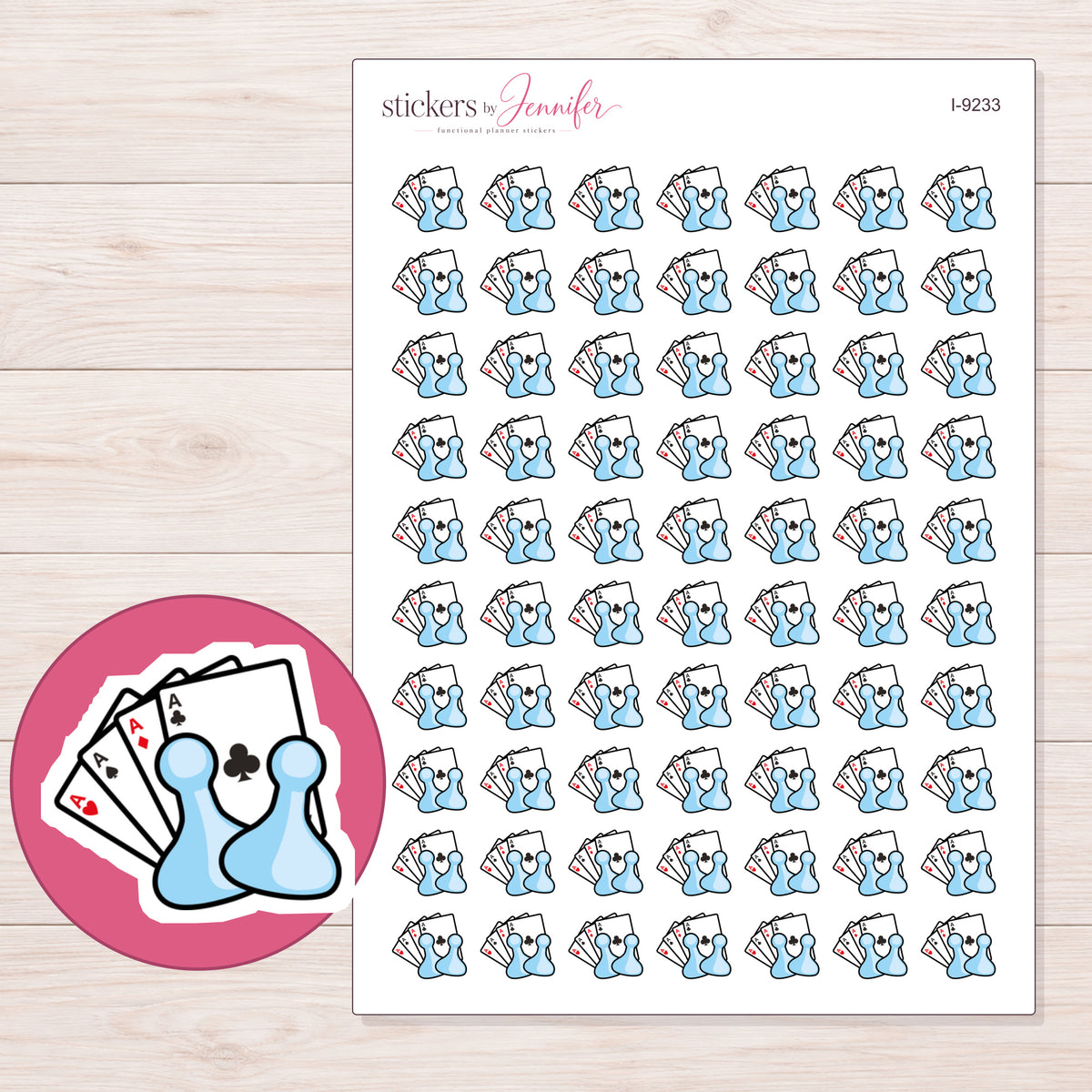 Blue Cards and Pawns Game Night Planner Stickers | I-9233 — 5 × 7 inch sheet and enlarged sticker detail