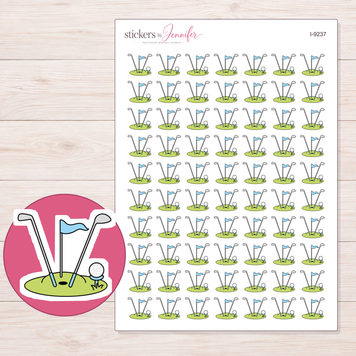 Blue Flag Golf Clubs and Green Planner Stickers | I-9237 — 5 × 7 inch sheet and enlarged sticker detail