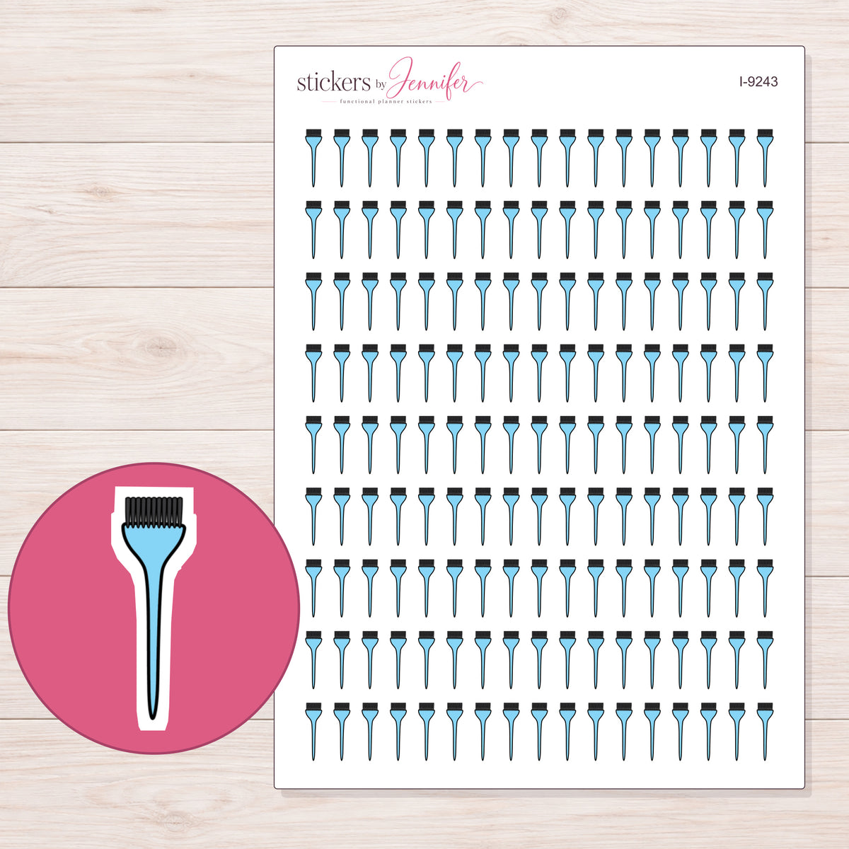 Blue Hair Color Brush Planner Stickers | I-9243 — 5 × 7 inch sheet and enlarged sticker detail