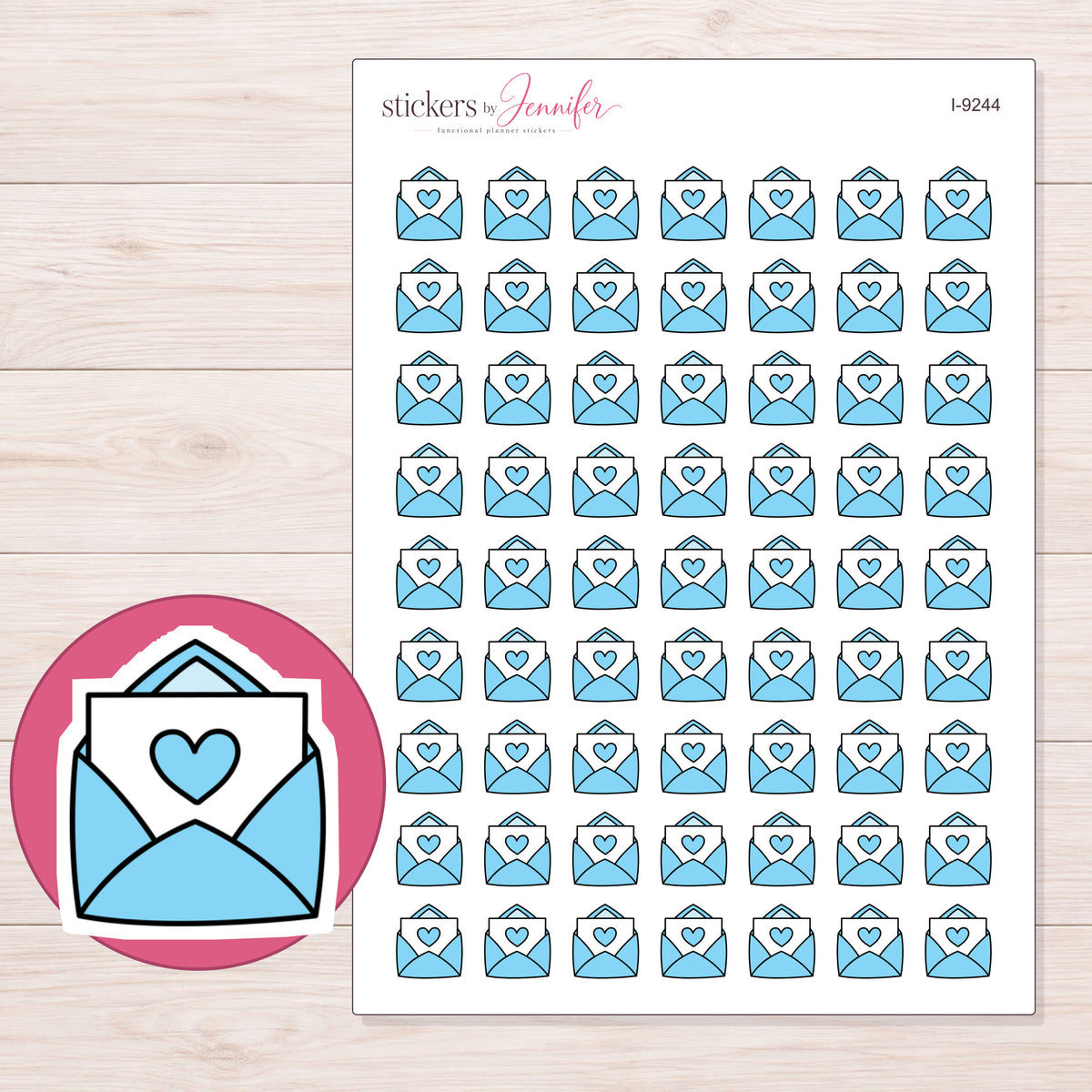 Blue Heart Happy Mail Planner Stickers | I-9244 — 5 × 7 inch sheet and enlarged sticker detail