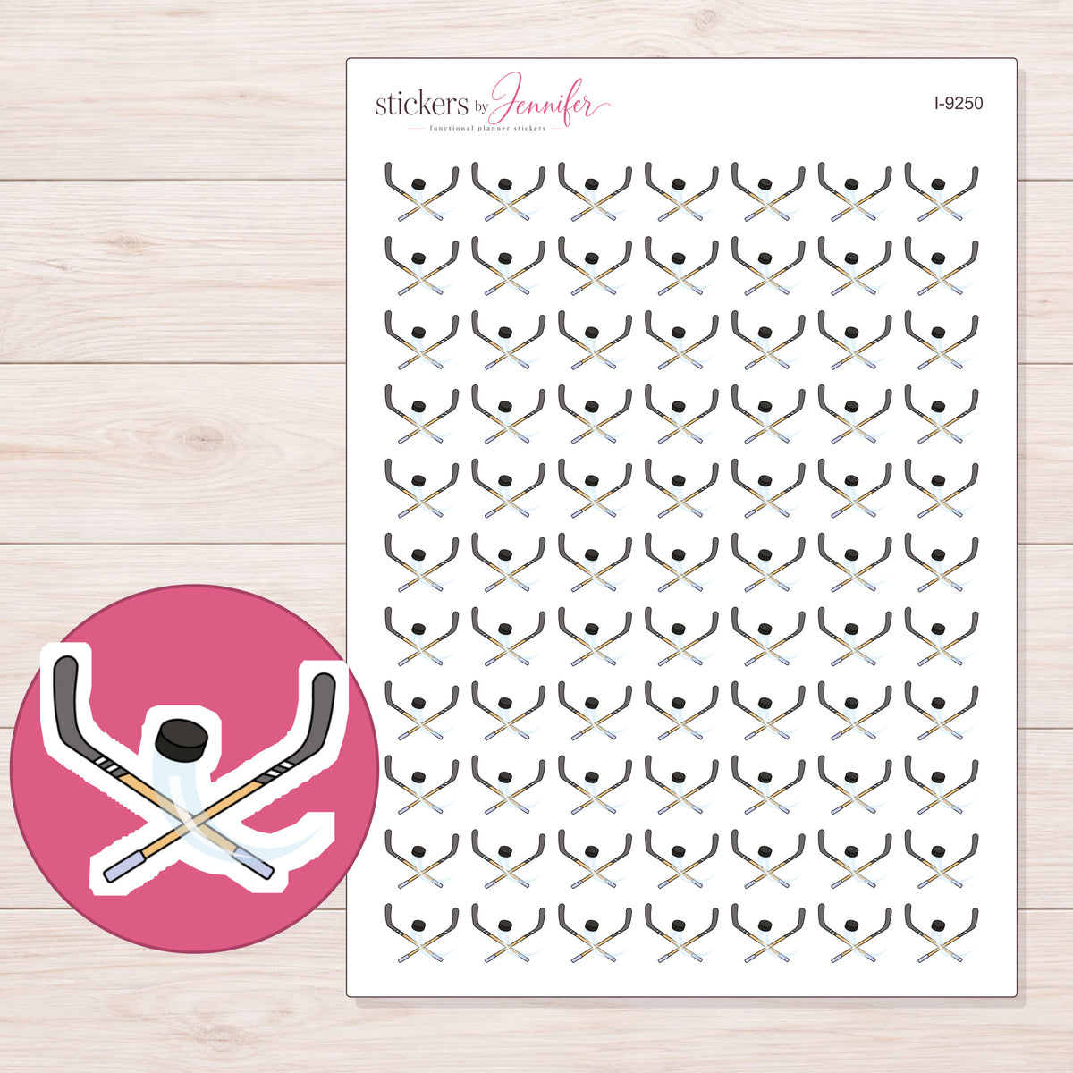 Hockey Sticks and Puck Planner Stickers | I-9250 — 5 × 7 inch sheet and enlarged sticker detail