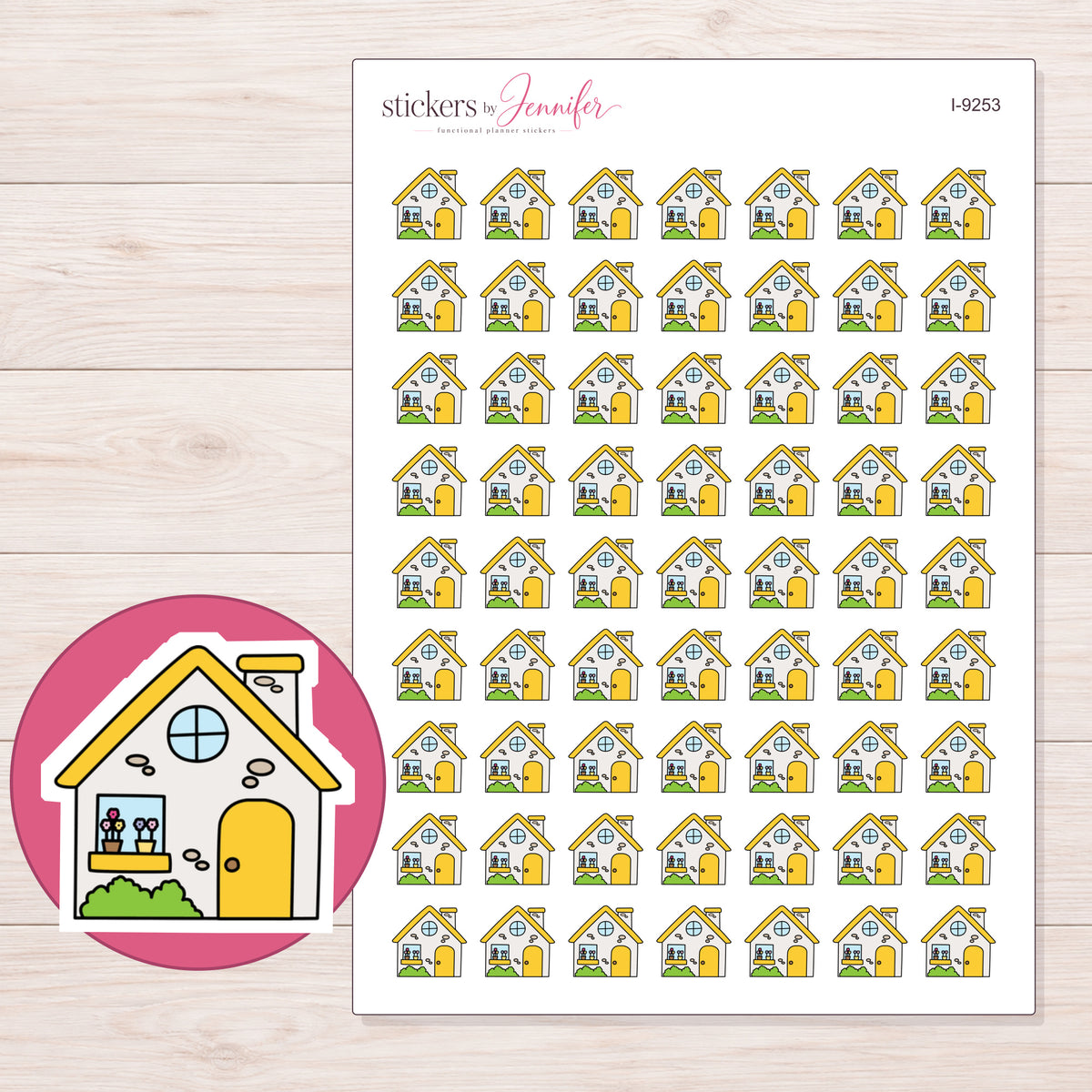 Yellow Roof House Planner Stickers | I-9253 — 5 × 7 inch sheet and enlarged sticker detail