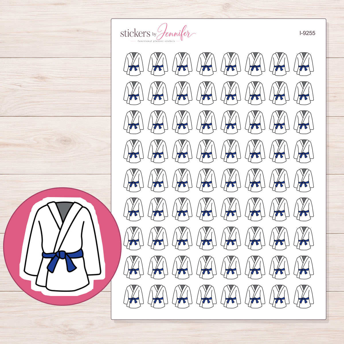 White Martial Arts Uniform Planner Stickers | I-9255 — 5 × 7 inch sheet and enlarged sticker detail
