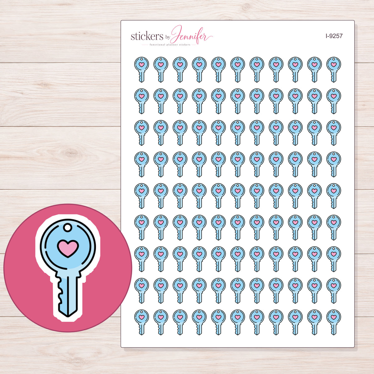 Blue Heart Key Planner Stickers | I-9257 — 5 × 7 inch sheet and enlarged sticker detail