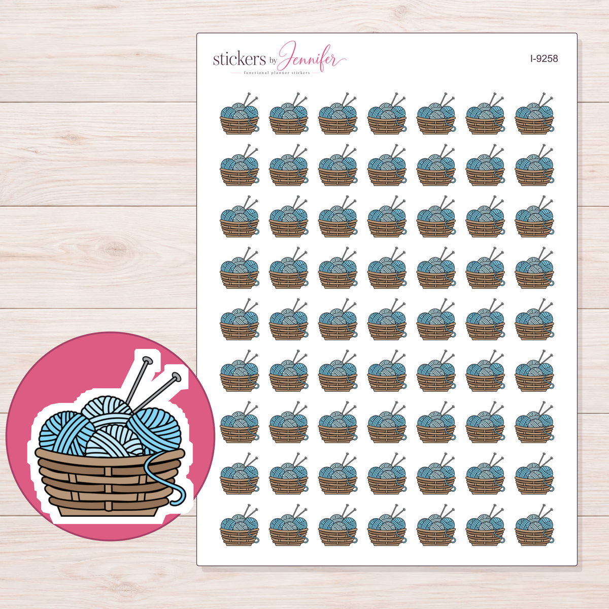 Blue Yarn Basket Planner Stickers | I-9258 — 5 × 7 inch sheet and enlarged sticker detail