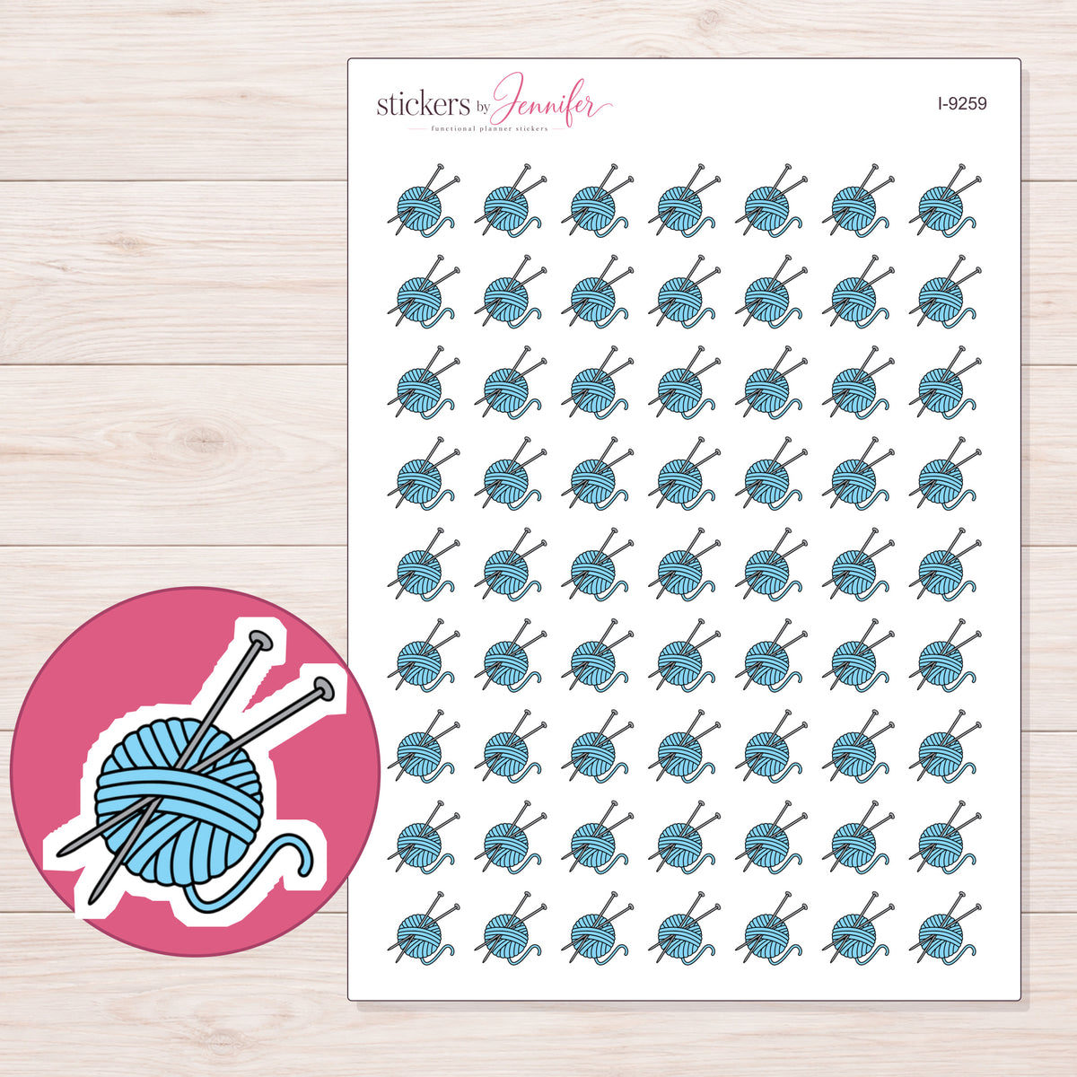 Blue Yarn Ball and Needles Planner Stickers | I-9259 — 5 × 7 inch sheet and enlarged sticker detail