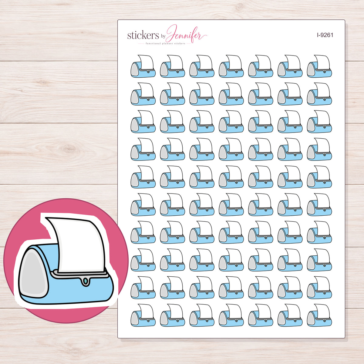 Blue Label Printer Planner Stickers | I-9261 — 5 × 7 inch sheet and enlarged sticker detail
