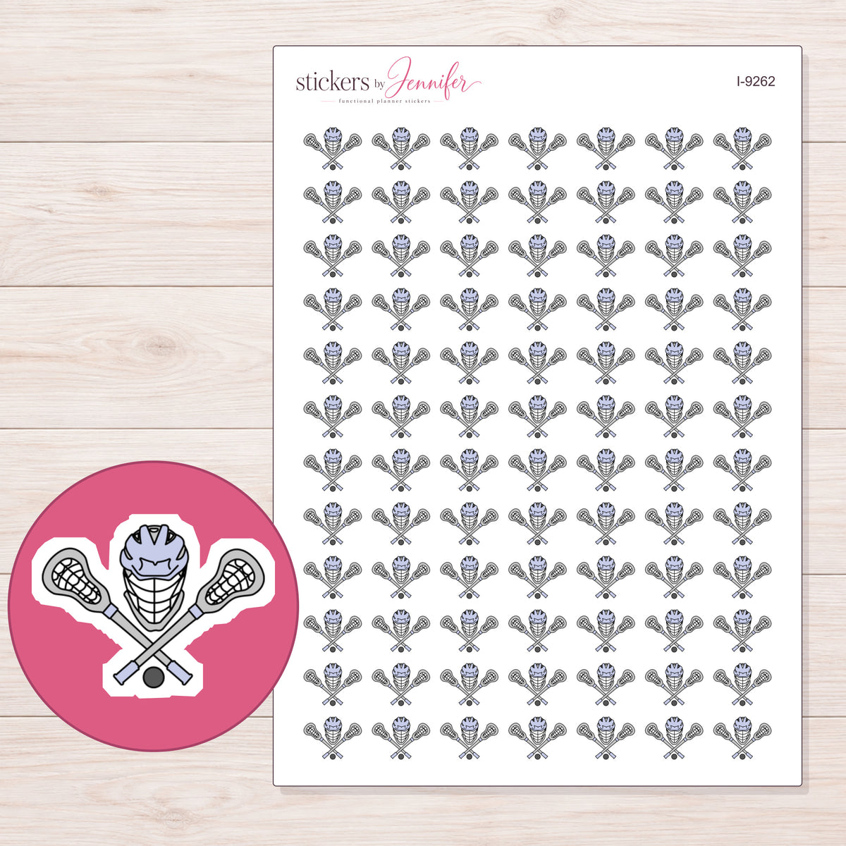 Lacrosse Sticks and Helmet Planner Stickers | I-9262 — 5 × 7 inch sheet and enlarged sticker detail