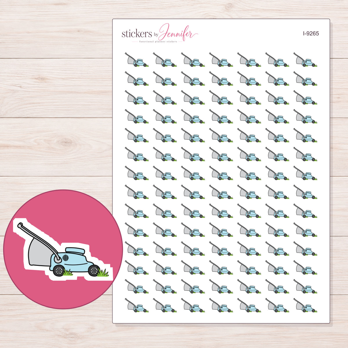 Pale Blue Lawn Mower Planner Stickers | I-9265 — 5 × 7 inch sheet and enlarged sticker detail