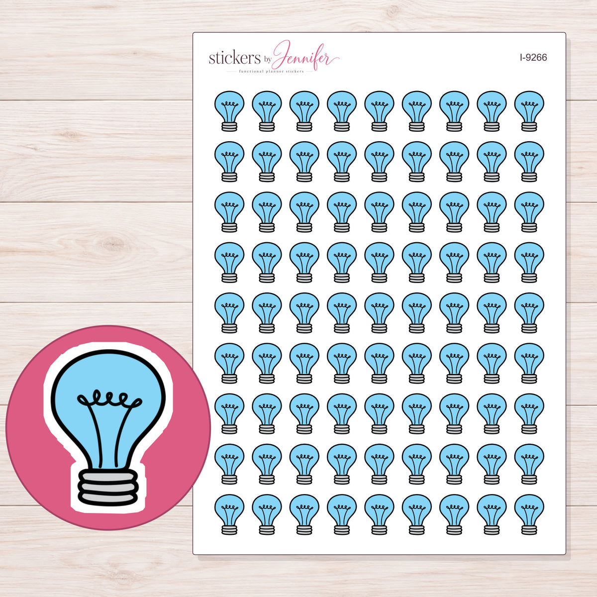 Blue Light Bulb Planner Stickers | I-9266 — 5 × 7 inch sheet and enlarged sticker detail