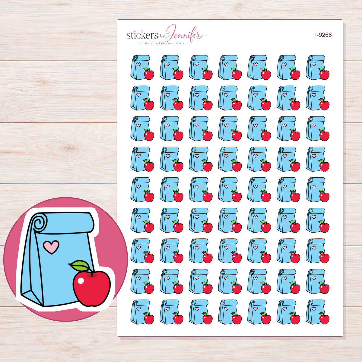 Blue Lunch Bag and Apple Planner Stickers | I-9268 — 5 × 7 inch sheet and enlarged sticker detail