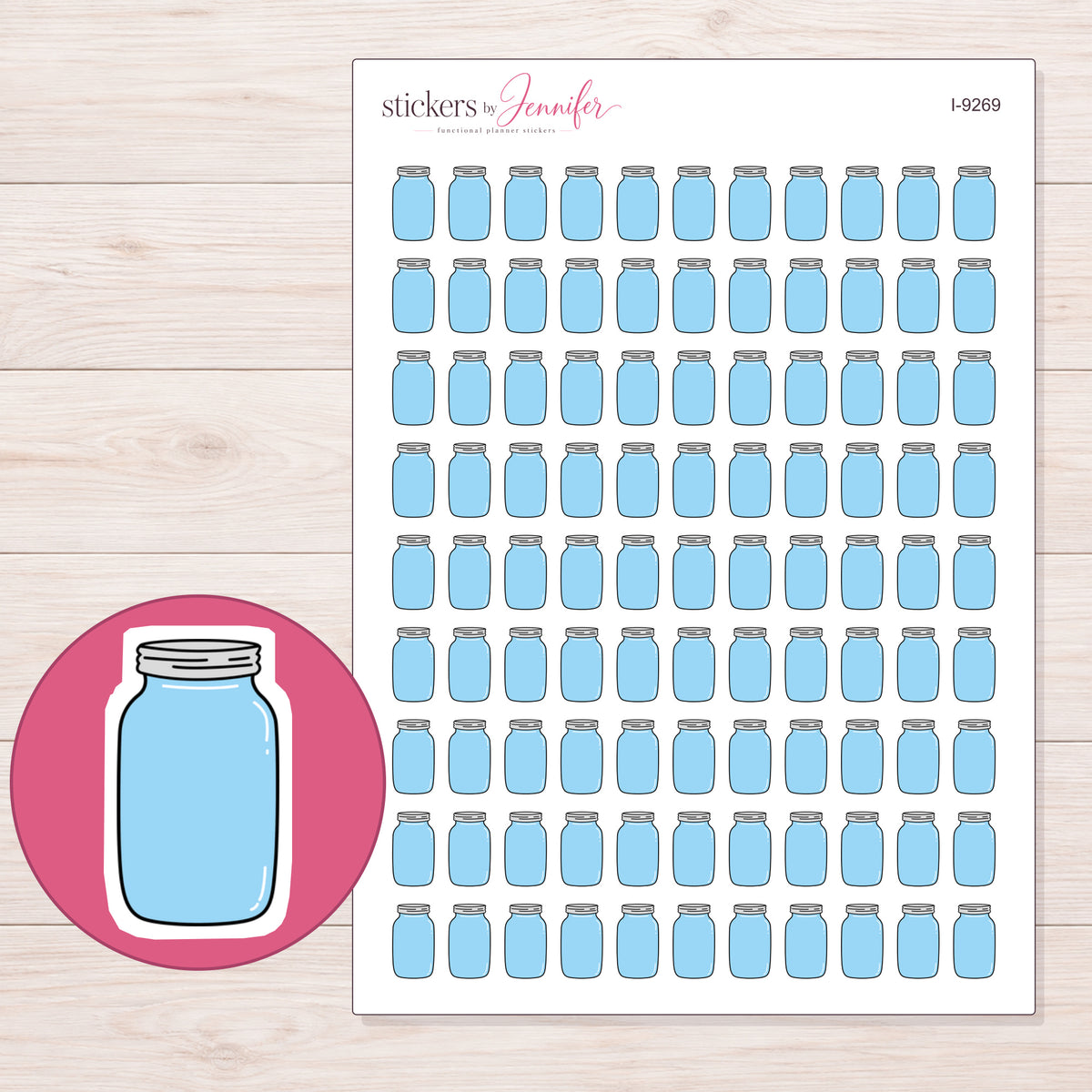 Blue Mason Jar Planner Stickers | I-9269 — 5 × 7 inch sheet and enlarged sticker detail