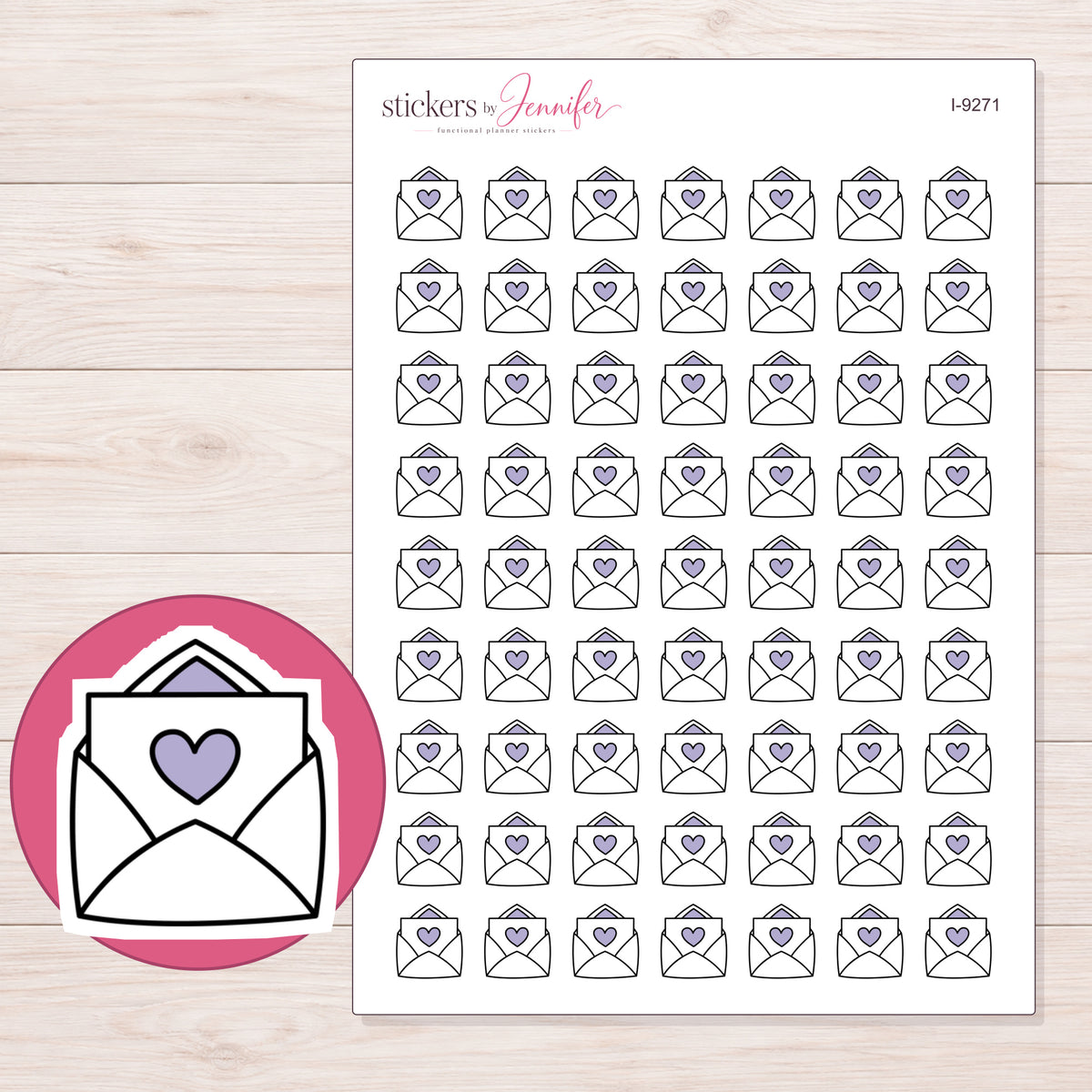 Heart Envelope Planner Stickers | I-9271 — 5 × 7 inch sheet and enlarged sticker detail
