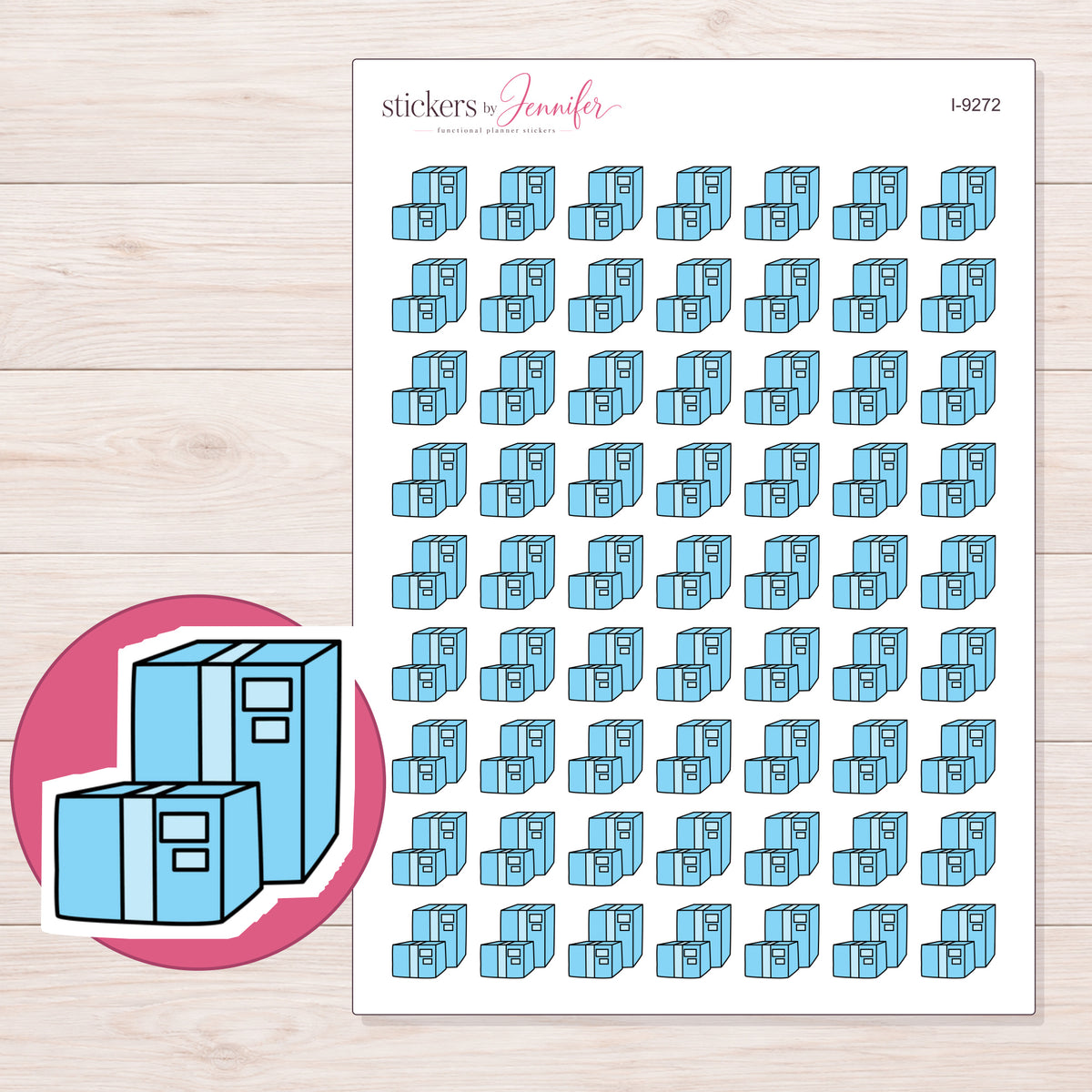 Blue Parcel Boxes Planner Stickers | I-9272 — 5 × 7 inch sheet and enlarged sticker detail