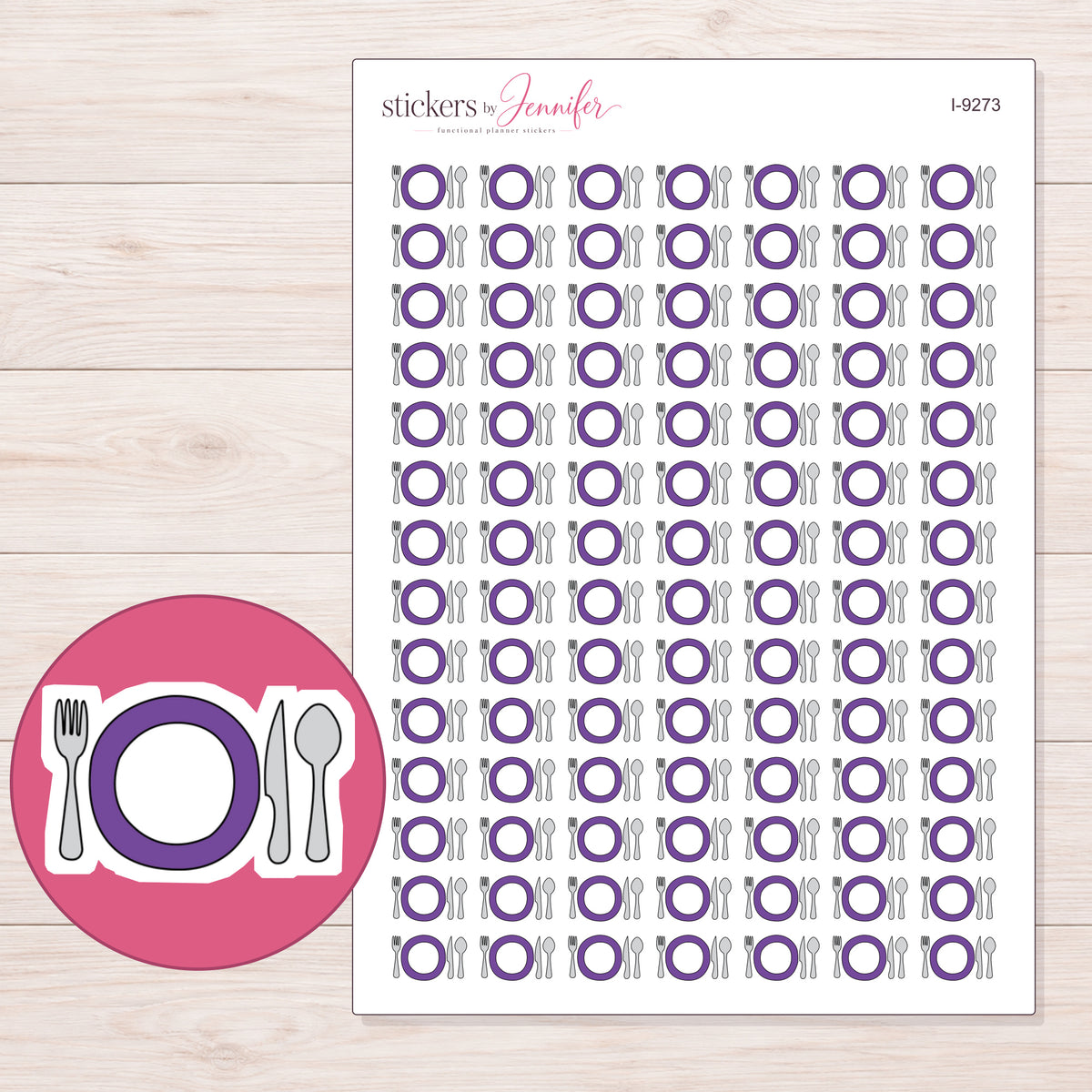 Plate and Cutlery Planner Stickers | I-9273 — 5 × 7 inch sheet and enlarged sticker detail