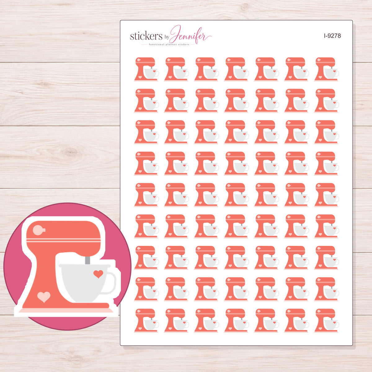Coral Heart Stand Mixer Planner Stickers | I-9278 — 5 × 7 inch sheet and enlarged sticker detail