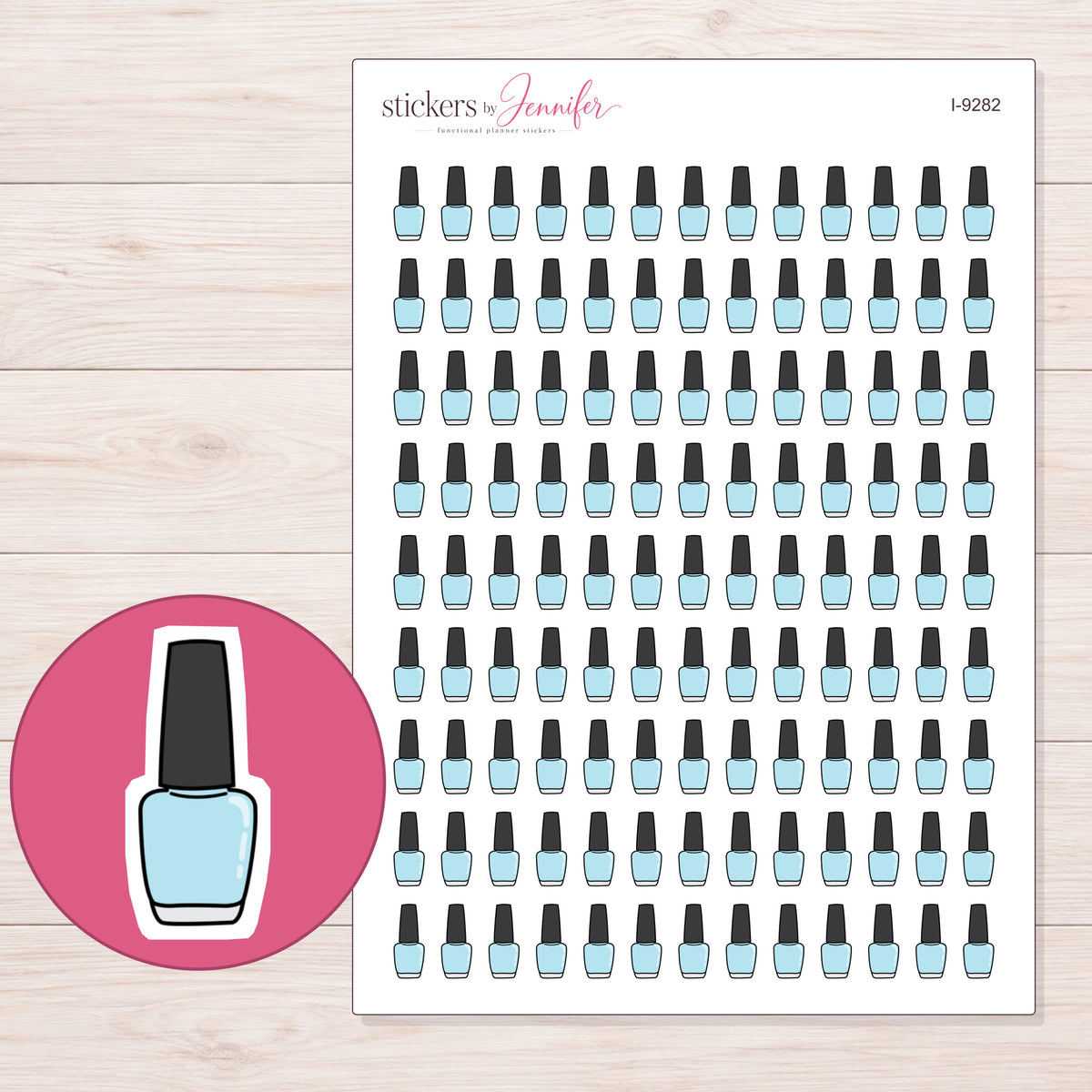Pale Blue Nail Polish Planner Stickers | I-9282 — 5 × 7 inch sheet and enlarged sticker detail