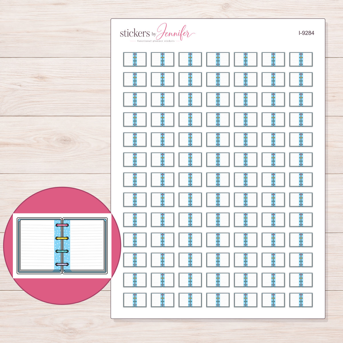 Open Blue Mini Notebook Planner Stickers | I-9284 — 5 × 7 inch sheet and enlarged sticker detail