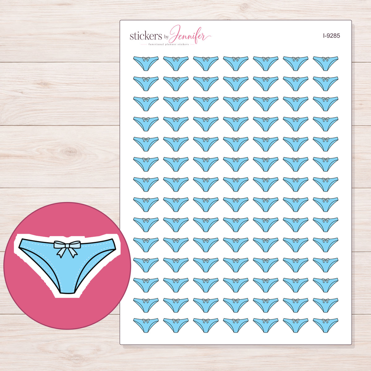 Blue Bow Underwear Planner Stickers | I-9285 — 5 × 7 inch sheet and enlarged sticker detail