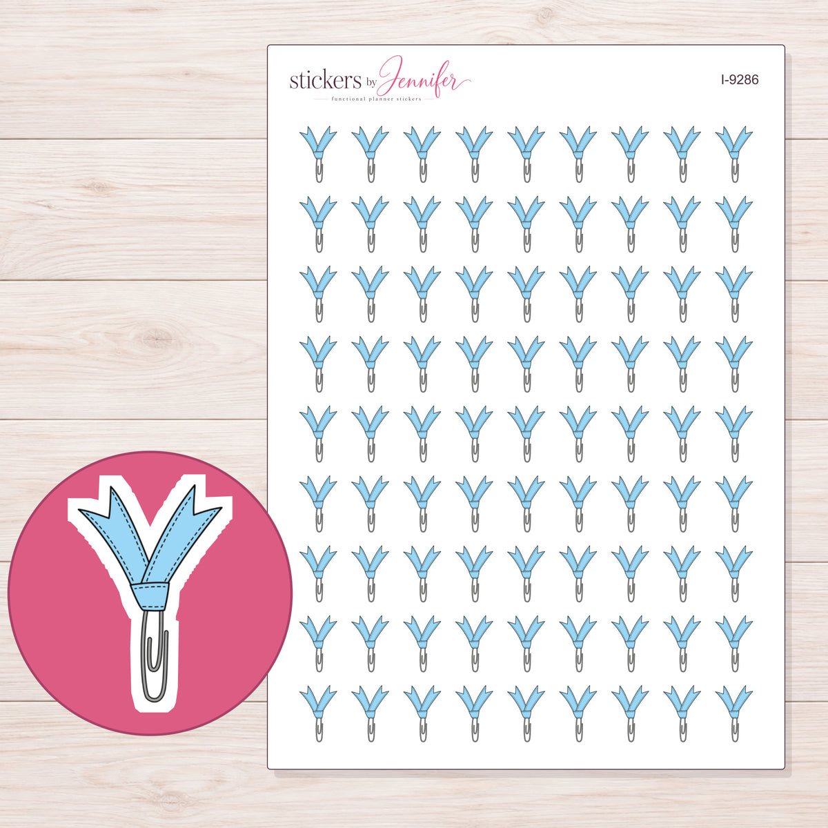 Blue Ribbon Paper Clip Planner Stickers | I-9286 — 5 × 7 inch sheet and enlarged sticker detail