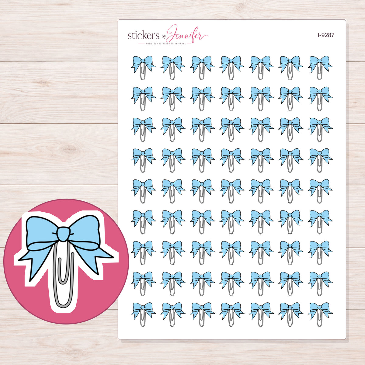 Blue Bow Paper Clip Planner Stickers | I-9287 — 5 × 7 inch sheet and enlarged sticker detail