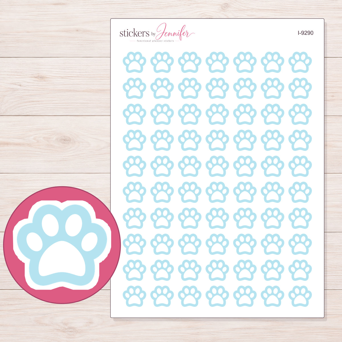 Pale Blue Outline Paw Print Planner Stickers | I-9290 — 5 × 7 inch sheet and enlarged sticker detail