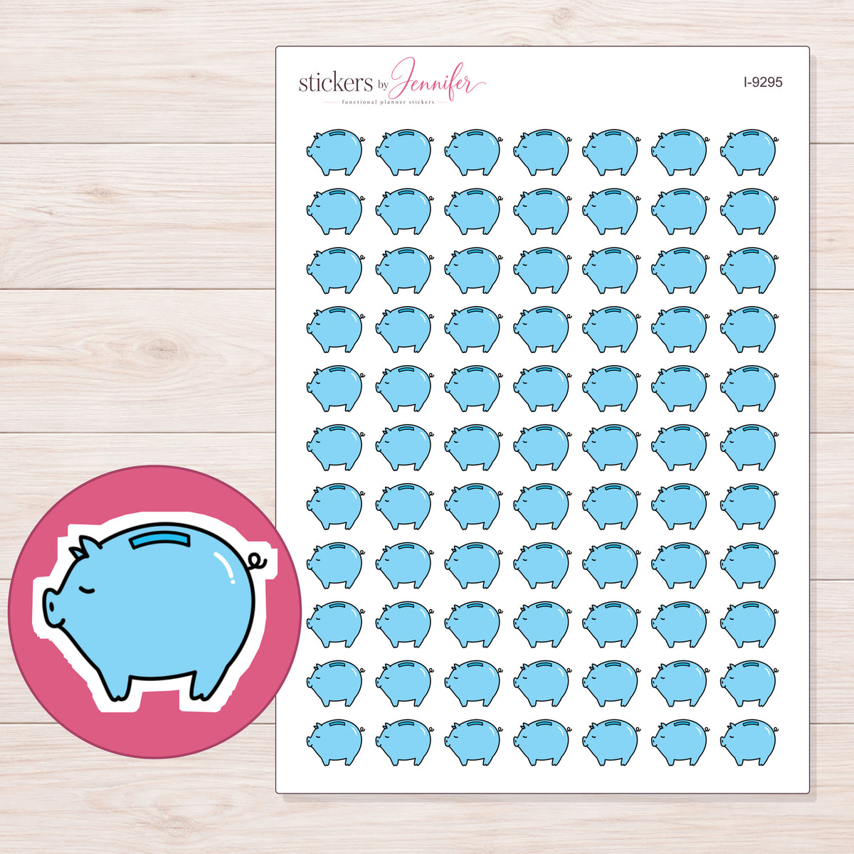 Blue Piggy Bank Planner Stickers | I-9295 — 5 × 7 inch sheet and enlarged sticker detail