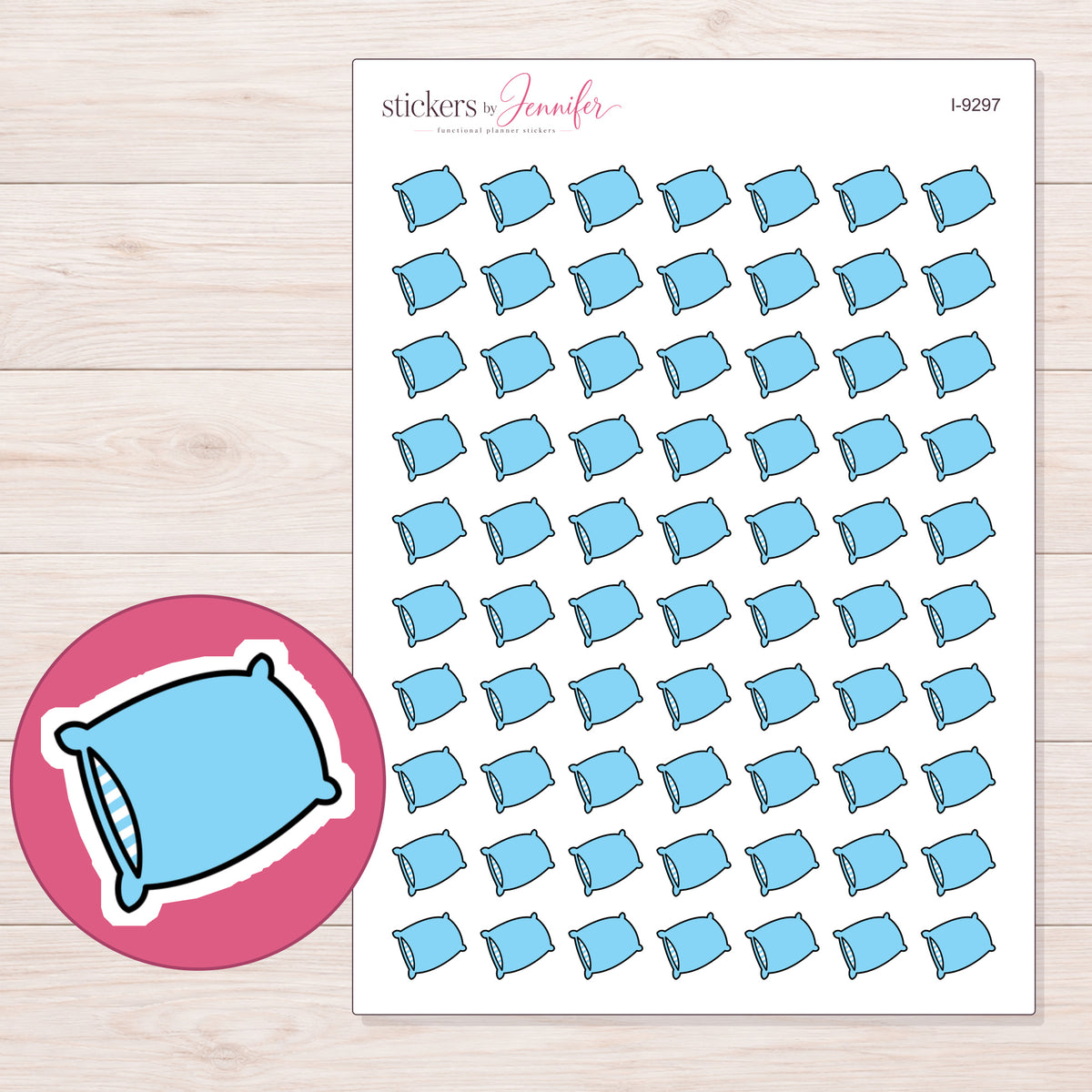 Blue Pillow Planner Stickers | I-9297 — 5 × 7 inch sheet and enlarged sticker detail
