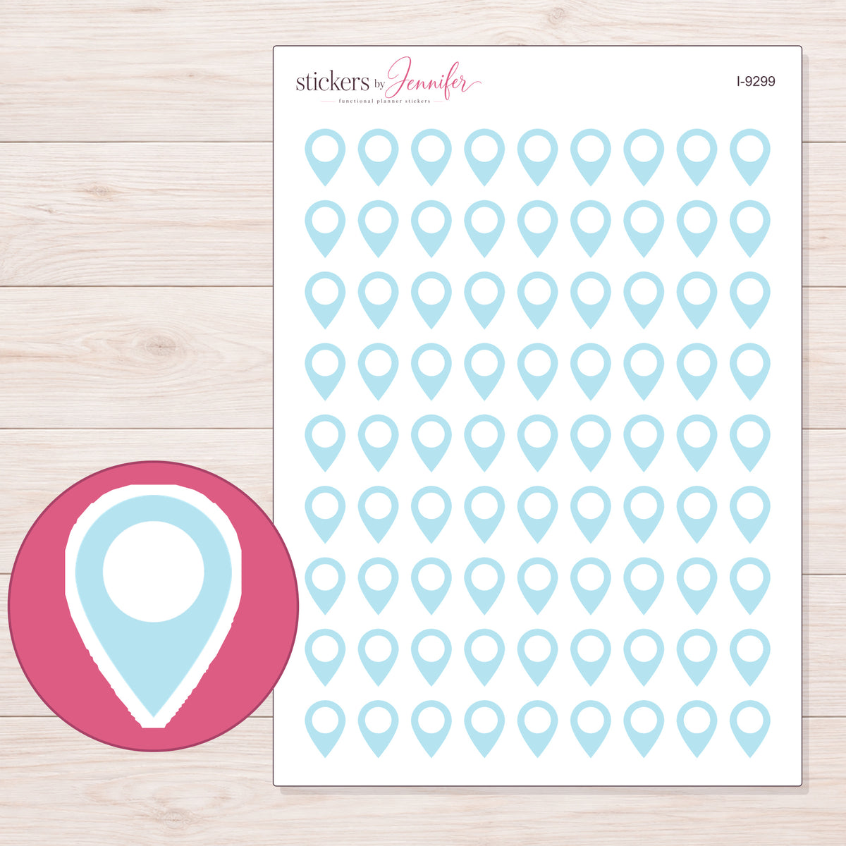 Blue Location Pin Planner Stickers | I-9299 — 5 × 7 inch sheet and enlarged sticker detail
