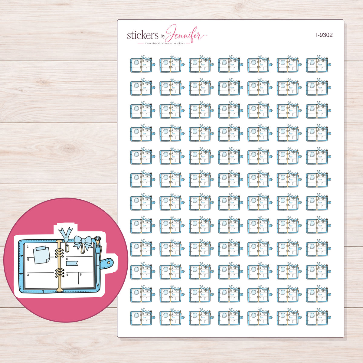 Open Decorated Planner Stickers | I-9302 — 5 × 7 inch sheet and enlarged sticker detail