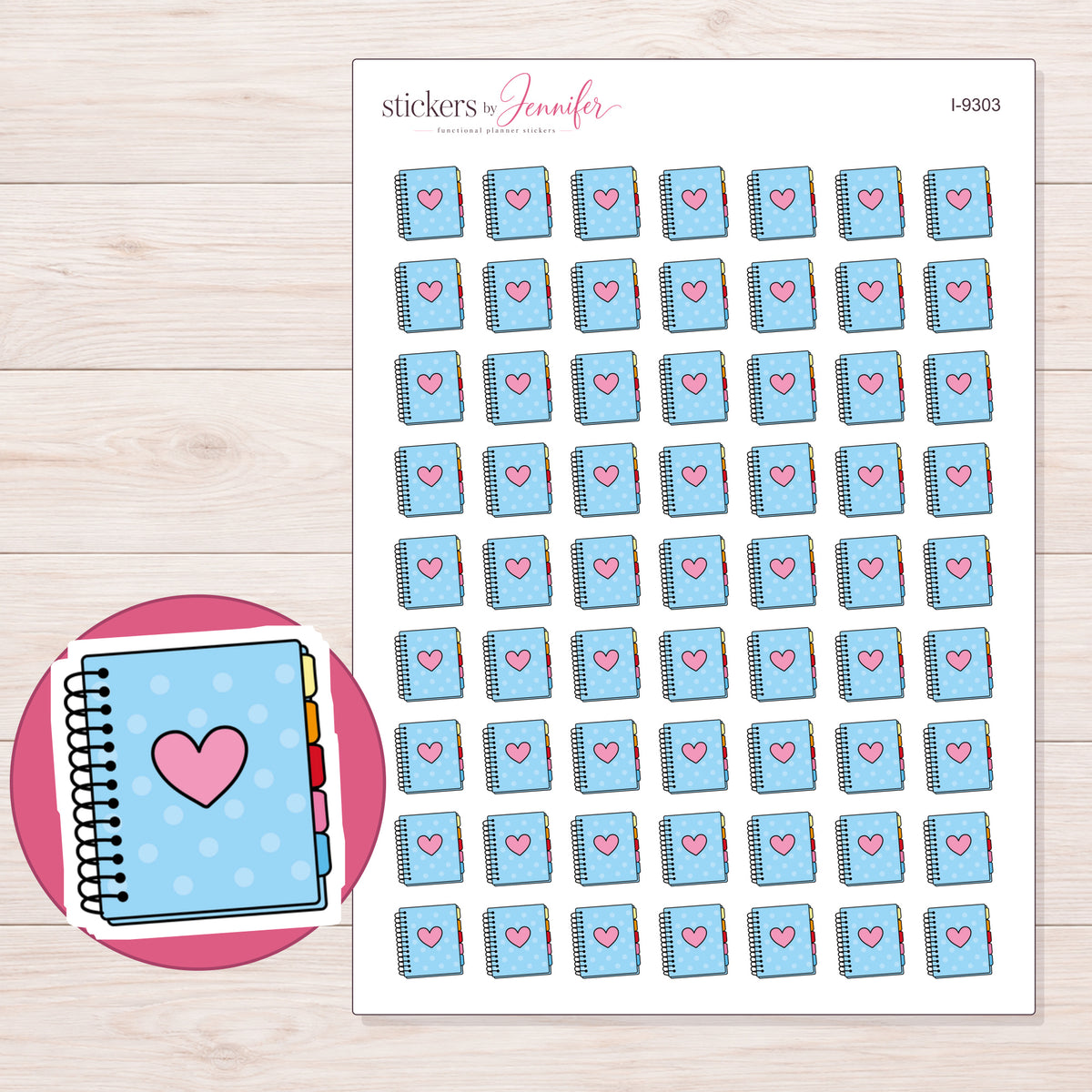 Blue Polka Dot Heart Planner Stickers | I-9303 — 5 × 7 inch sheet and enlarged sticker detail