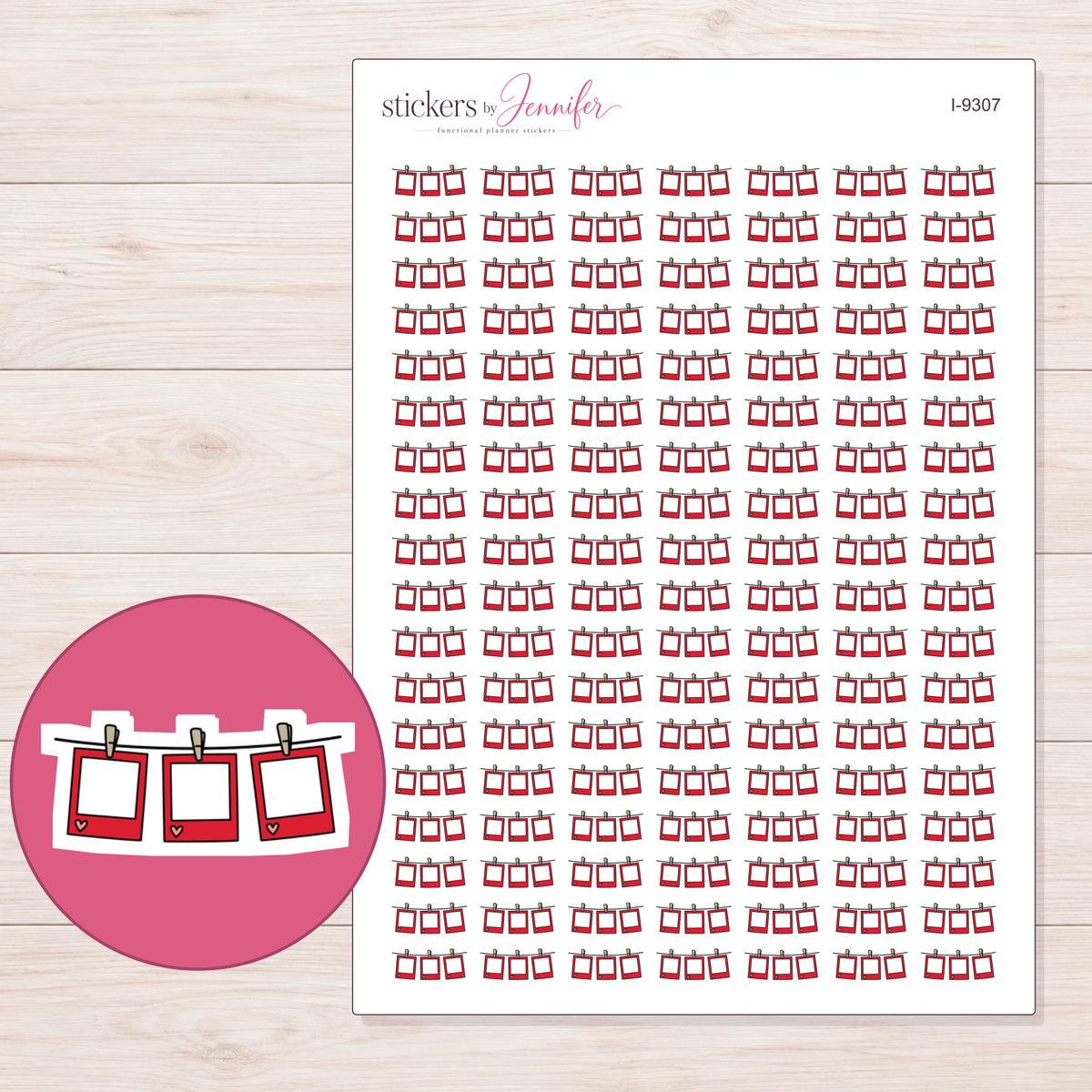 Red Hanging Photo Frames Planner Stickers | I-9307 — 5 × 7 inch sheet and enlarged sticker detail