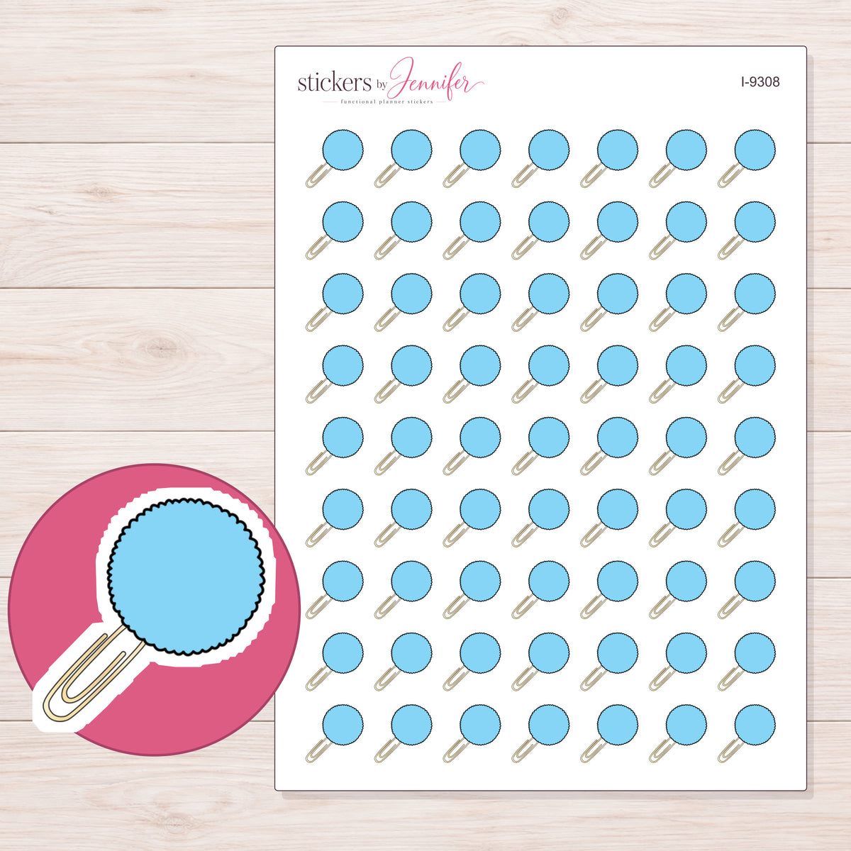 Blue Pom-Pom Paper Clip Planner Stickers | I-9308 — 5 × 7 inch sheet and enlarged sticker detail